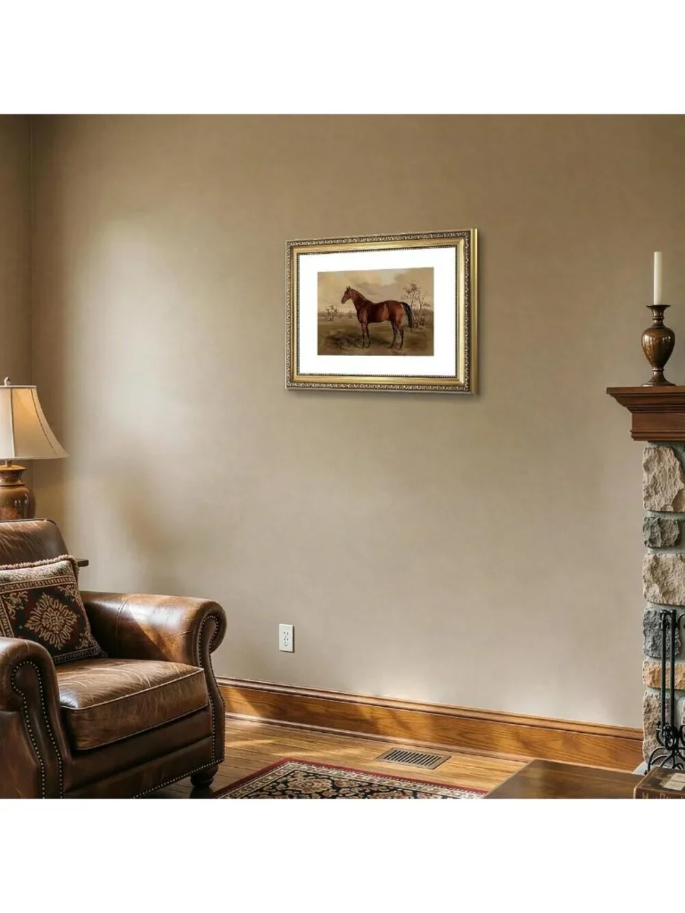Vintage Two-Tone Gold Framed Majestic Brown Horse Canvas Wall Art, Ready to